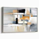 Framed canvas artwork showcasing an abstract design with strokes and lines in calming colors, featuring a sleek silver frame, ideal for modern interior decor.