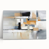Abstract wall art featuring vibrant strokes and lines in a modern design, displayed on a stretched canvas leaning against a neutral backdrop, ideal for contemporary decor.