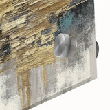 Abstract wall art featuring vibrant strokes and lines in shades of blue, orange, and yellow on acrylic glass, enhancing modern decor with a dynamic design.