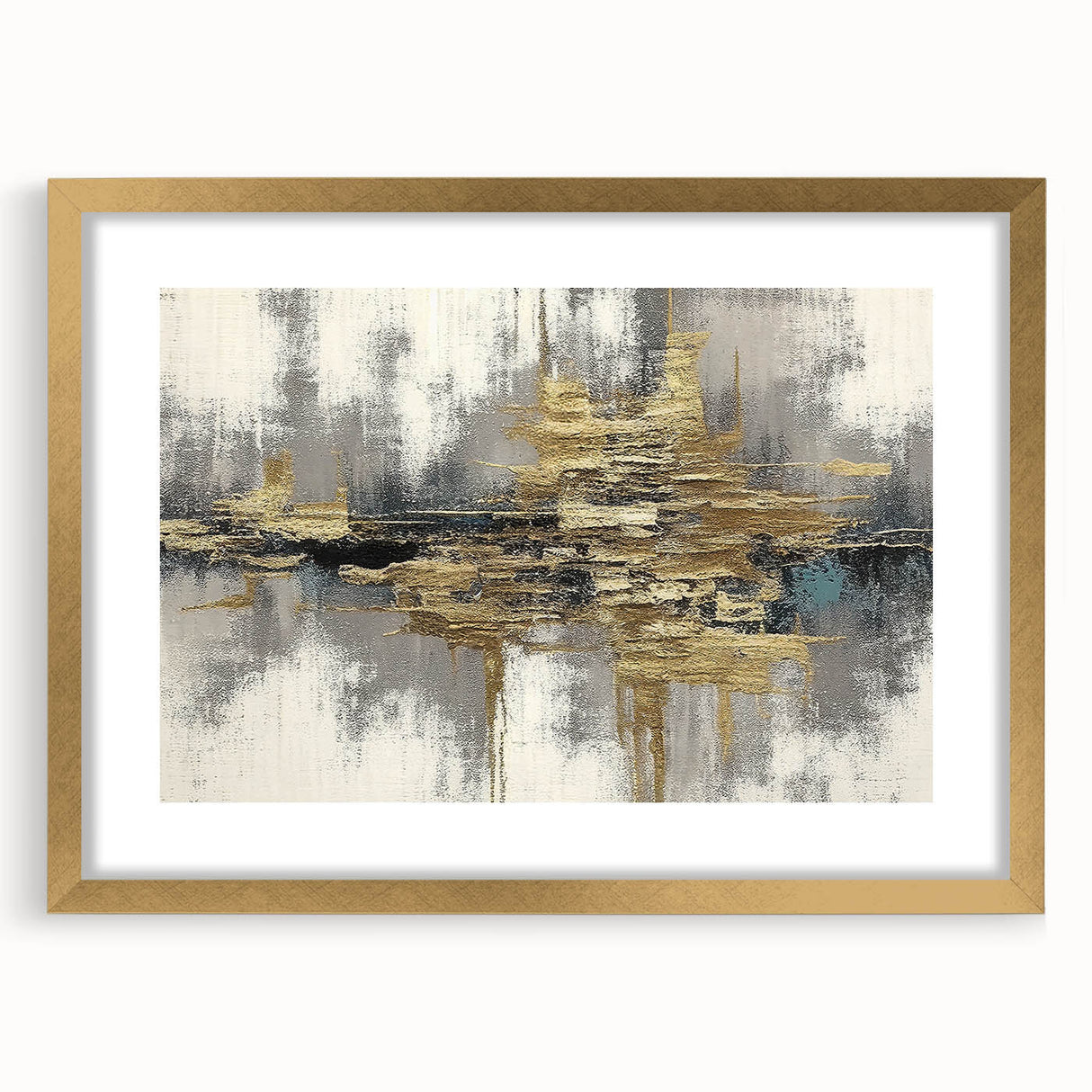 Abstract wall art featuring gold strokes and lines design, elegantly framed with a mat, ideal for modern home decor and artistic interiors.