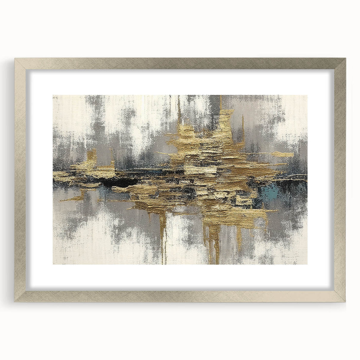 Abstract wall art featuring a modern design of colorful strokes and lines, framed with a silver mat, ideal for contemporary home decor.
