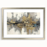 Abstract wall art featuring a modern design of colorful strokes and lines, framed with a silver mat, ideal for contemporary home decor.