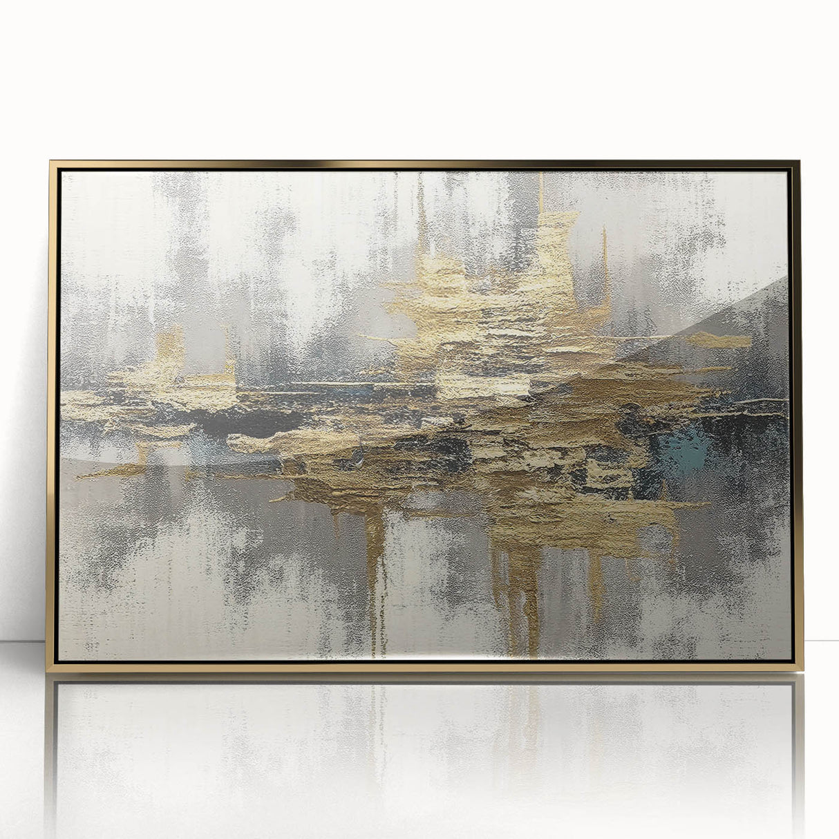 Framed abstract wall art featuring dynamic strokes and lines in gold and white, set against a sleek black background, perfect for modern decor.