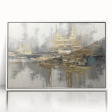 Framed wall art featuring an abstract design of colorful strokes and lines, set against a white background, ideal for modern home decor.