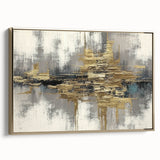 Framed wall art showcasing an abstract design of gold strokes and lines on a textured canvas, adding a modern touch to any interior decor.