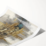 Abstract wall art featuring colorful strokes and lines in vibrant hues of blue, pink, and yellow, rolled and ready for display, perfect for modern decor.