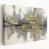 Stretched canvas artwork showcasing an abstract design with colorful strokes and lines, ideal for modern home decor, viewed from the side to highlight texture and depth.