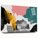 Abstract wall art featuring vibrant, multicolored strokes and lines, displayed in a sleek acrylic glass frame, showcasing modern design aesthetics perfect for contemporary decor.