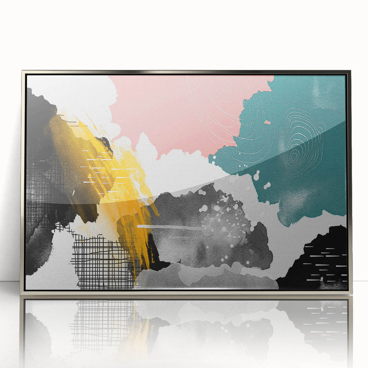 Framed wall art featuring an abstract design of colorful strokes and lines, showcasing a modern aesthetic with a silver frame, ideal for contemporary decor.