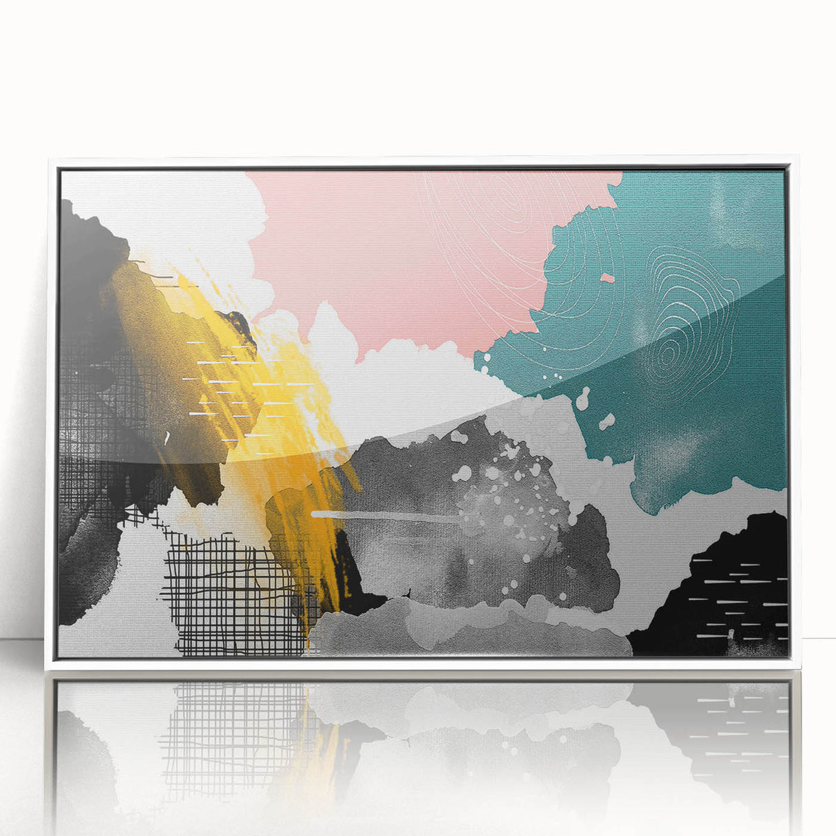 Framed wall art featuring an abstract design with colorful strokes and lines in a modern style, set against a white background, ideal for contemporary decor.