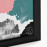 Close-up of a framed canvas wall art piece showcasing an abstract design with vibrant strokes and lines in shades of blue, orange, and gold, perfect for modern home decor. This artistic creation adds a contemporary touch to any living space, enhancing aesthetic appeal while inviting conversation.