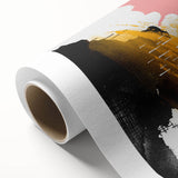 Abstract wall art featuring vibrant strokes and lines in hues of blue, orange, and yellow, printed on rolled canvas, ideal for modern home decor.