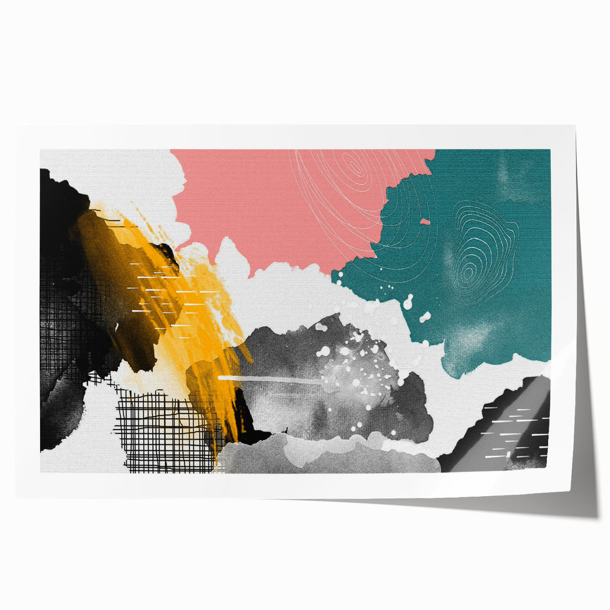Colorful abstract strokes and lines in a modern design on a rolled wall art print, showcasing vibrant hues of blue, yellow, and red, perfect for contemporary decor.