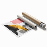 Abstract wall art print showcasing vibrant strokes and lines in shades of blue, yellow, and pink, perfect for modern home decor or office aesthetics.