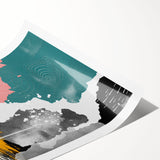 Abstract wall art print featuring vibrant strokes and lines in shades of blue, orange, and yellow, ideal for modern home decor, rolled and ready for framing.