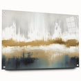 Abstract wall art featuring vibrant strokes and lines in shades of blue, green, and gold, displayed in a sleek acrylic frame with visible mounting pins. Perfect for modern decor.