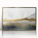 Framed abstract wall art featuring bold strokes and lines in gold and neutral tones, perfect for modern decor, set against a light background.