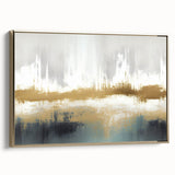 Framed canvas featuring an abstract strokes and lines design in gold, showcasing a modern aesthetic ideal for contemporary home decor. Side view highlights the elegant frame and artistic details, perfect for enhancing living spaces.