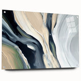 Acrylic glass wall art showcasing an abstract design of colorful strokes and lines, elegantly displayed with pins on a neutral background, perfect for modern decor.