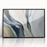 Framed wall art featuring an abstract design with dynamic strokes and lines in black and white, adding modern elegance to any interior decor.