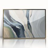 Framed wall art featuring an abstract design of colorful strokes and lines in gold and neutral tones, perfect for modern home decor. This piece adds elegance and vibrancy to any interior space.