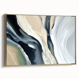 Abstract wall art featuring strokes and lines in gold and black, elegantly framed and showcasing a modern design, perfect for contemporary home decor.