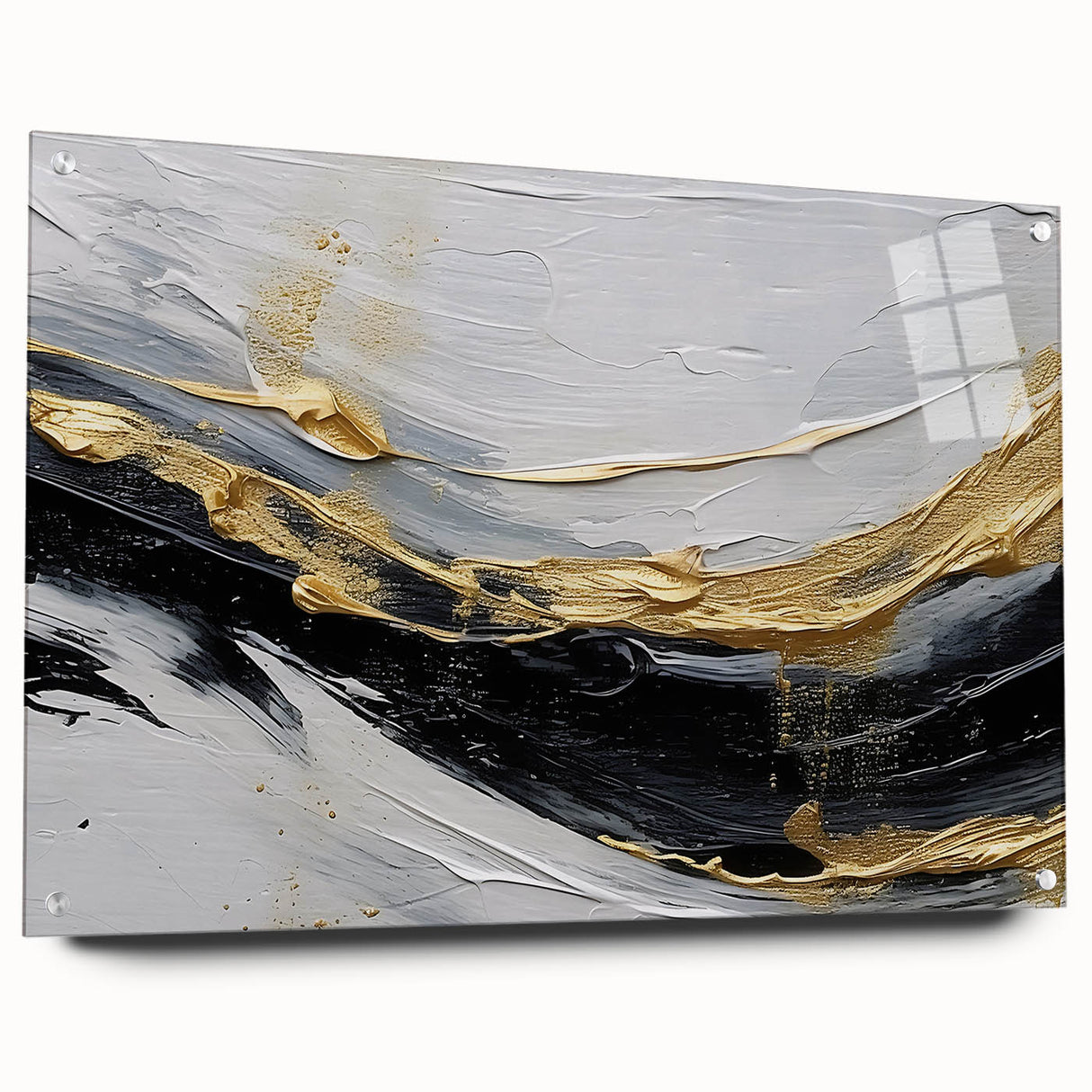 Abstract wall art showcasing vibrant strokes and lines in a colorful acrylic glass design, elegantly displayed with pins on a white background, perfect for modern decor.