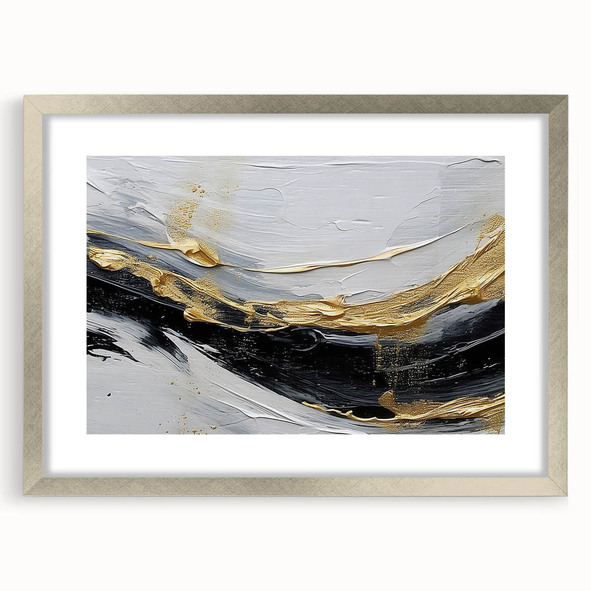 Abstract wall art design featuring colorful strokes and lines in a modern style, framed with a silver mat. Ideal for contemporary home decor.