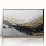Framed abstract wall art featuring dynamic strokes and lines in gold and neutral tones, ideal for modern home decor. Perfect for enhancing living spaces with elegance.