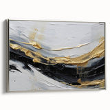 Framed canvas wall art showcasing an abstract design of colorful strokes and lines in silver, adding a modern touch to home decor, displayed from a side view.