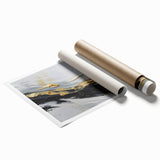 Abstract wall art print showcasing vibrant strokes and lines in shades of blue, orange, and gold, ideal for modern home decor or art collections.