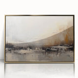 Framed acrylic wall art featuring an abstract design of gold strokes and lines, showcasing a modern aesthetic perfect for contemporary home decor.