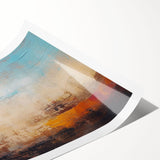 Abstract wall art print showcasing vibrant strokes and lines in a harmonious blend of blue, yellow, and green hues, perfect for modern interior decor.