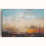 Abstract wall art featuring vibrant strokes and lines in shades of blue, orange, and yellow on a stretched canvas, perfect for modern home decor.