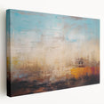 Abstract wall art design featuring vibrant strokes and lines in shades of blue, orange, and yellow, displayed on stretched canvas with a side view presentation, perfect for modern decor.