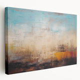 Abstract wall art design featuring vibrant strokes and lines in shades of blue, orange, and yellow, displayed on stretched canvas with a side view presentation, perfect for modern decor.