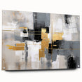 Abstract strokes and lines design on acrylic glass wall art, showcasing vibrant colors and modern aesthetics. Side view with pins highlighting its unique framing style, perfect for contemporary decor.