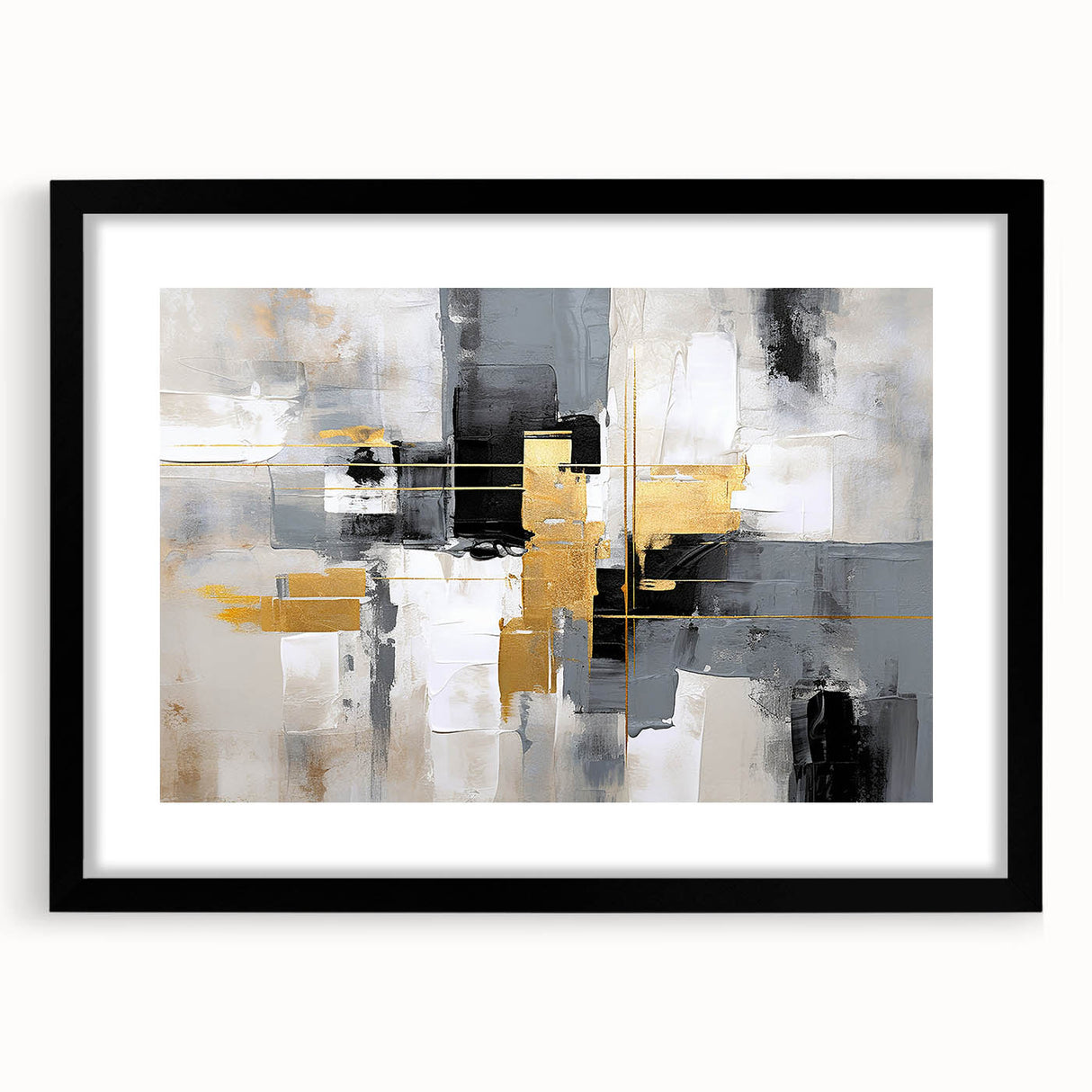 Abstract wall art featuring a collection of colorful strokes and lines, framed with a sleek black mat. Ideal for modern decor, enhancing any living space with its vibrant design.