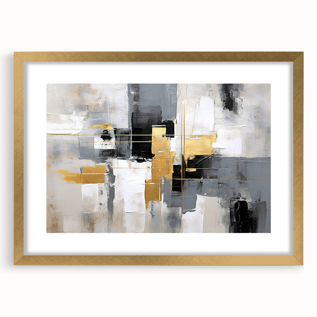 Abstract strokes and lines design wall art in a gold frame with matting, showcasing a modern aesthetic perfect for contemporary decor. Ideal for living rooms or offices.