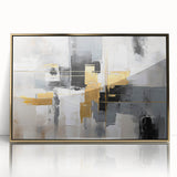 Framed wall art featuring an abstract design of gold strokes and lines on an acrylic surface, set against a clean white background, ideal for modern decor.