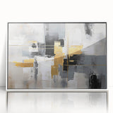 Framed acrylic wall art featuring an abstract design of colorful strokes and lines, set against a white background, perfect for modern home decor.