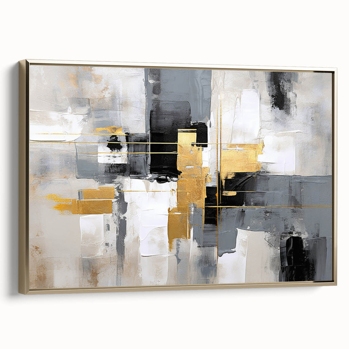 Framed canvas wall art showcasing an abstract design of golden strokes and lines, ideal for modern decor. The piece features a sleek side profile, enhancing its elegant aesthetic.