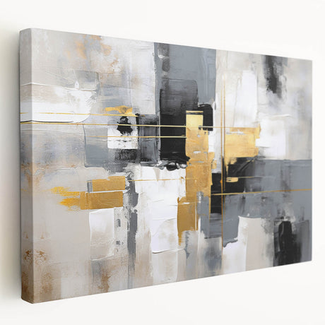 Stretched canvas artwork showcasing an abstract design of colorful strokes and lines, ideal for modern home decor, viewed from the side for depth.