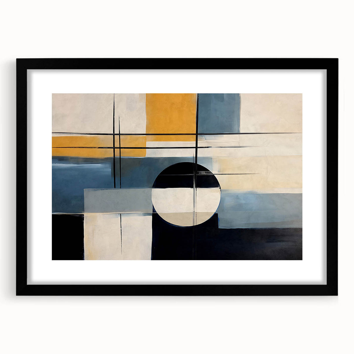 Abstract wall art featuring strokes and lines in vibrant colors, framed with a black mat, perfect for modern decor. Ideal for enhancing any living space.