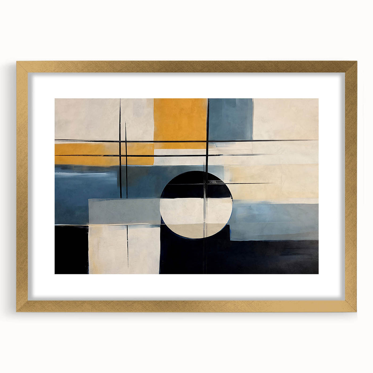 Abstract wall art design showcasing dynamic strokes and lines in soft pastel colors, framed with a gold mat, perfect for modern home decor.