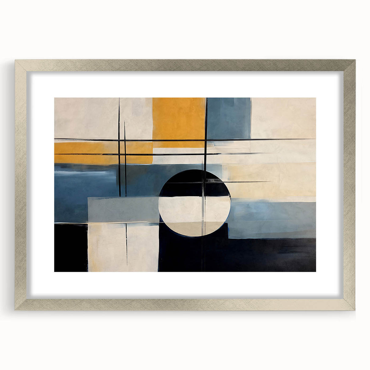 Abstract wall art print showcasing a modern design of colorful strokes and lines, framed in silver with a mat, perfect for contemporary home decor.