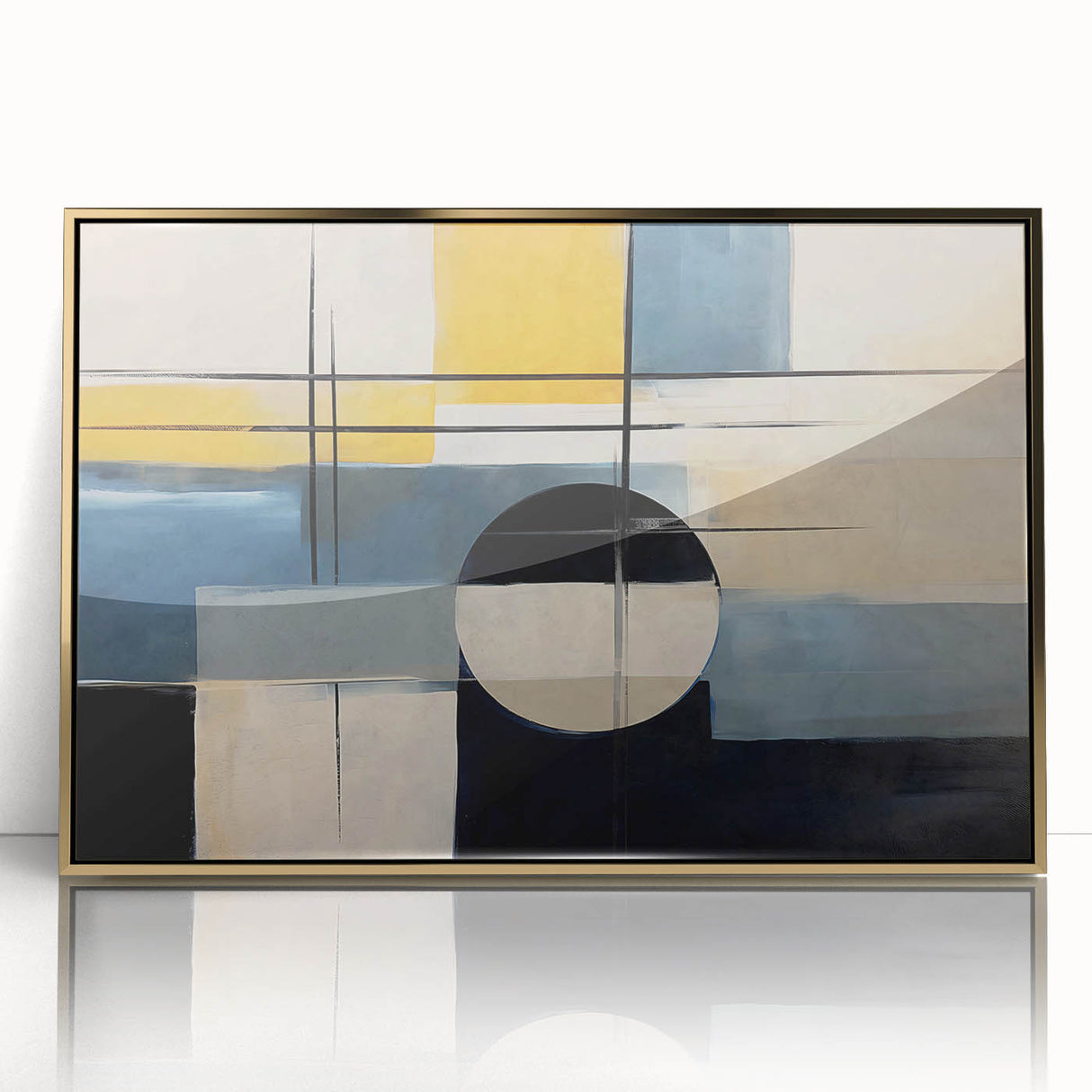 Framed wall art featuring abstract strokes and lines in gold and neutral tones, creating a modern decorative piece ideal for contemporary interiors.