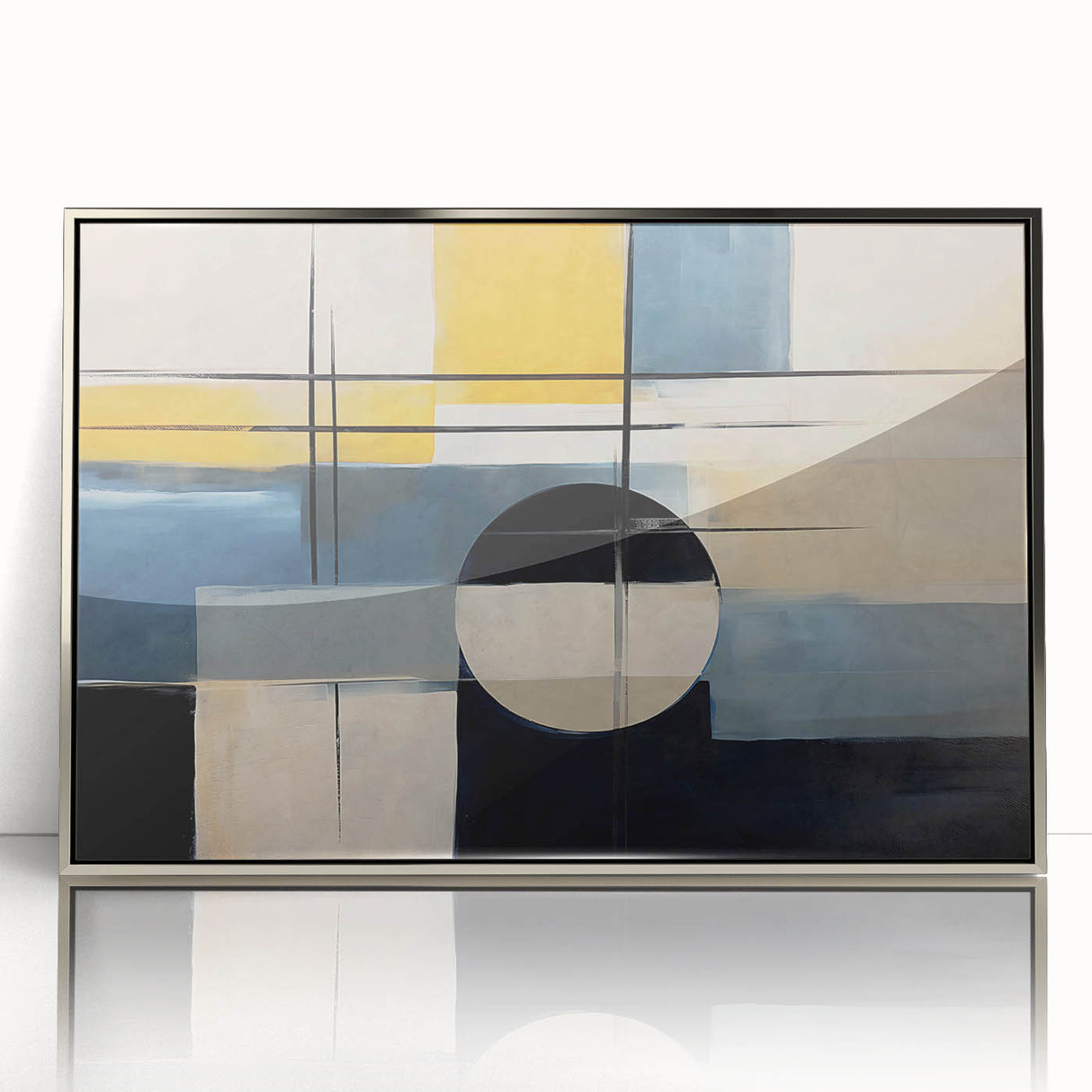Framed wall art featuring an abstract design of colorful strokes and lines in silver and blue tones, perfect for modern home decor or office spaces.
