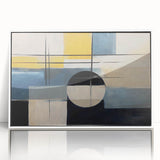 Framed abstract wall art featuring dynamic strokes and lines in vibrant colors, set against a clean white background, perfect for modern home decor.