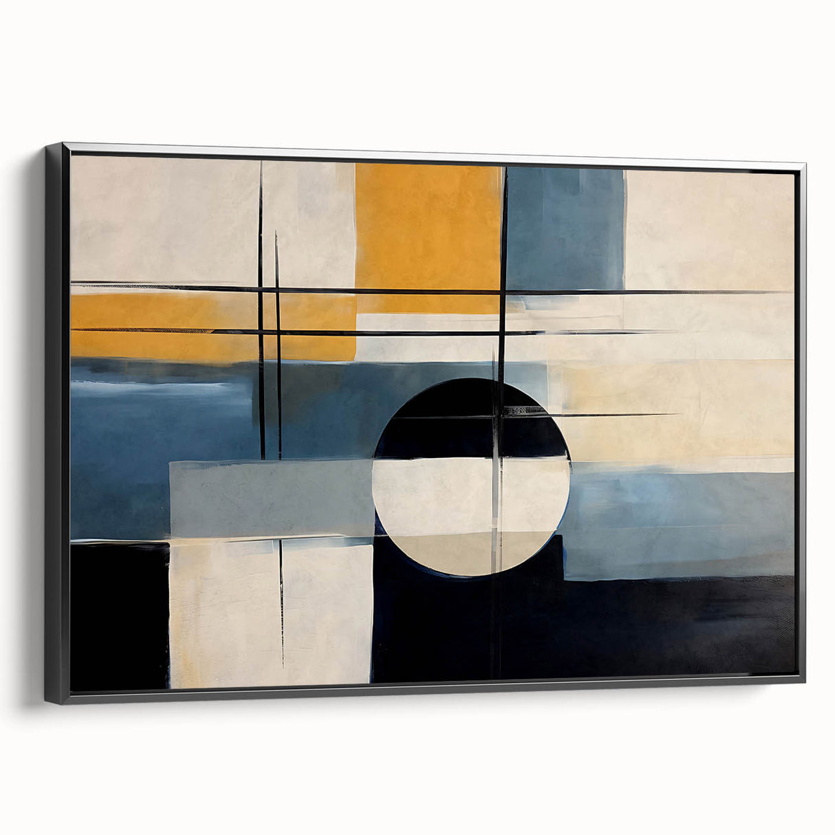Framed canvas wall art showcasing an abstract design of black strokes and lines, highlighting modern minimalism with a sleek side view, ideal for contemporary decor.